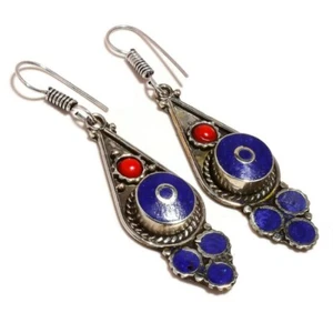 Lapis Lazuli, Red Coral Gemstone Antique Handmade Black Oxidized Tibetan Earring - Picture 1 of 3