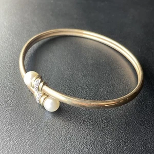 10k Gold Vintage Pearl and Diamond Bypass Flex Bangle Bracelet - Picture 1 of 15