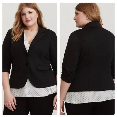 Blazer Torrid Studio Ponte Elástico Negro 2 2X 18 20 Manga Acanalada Frente Abierto Foto 1 de 4