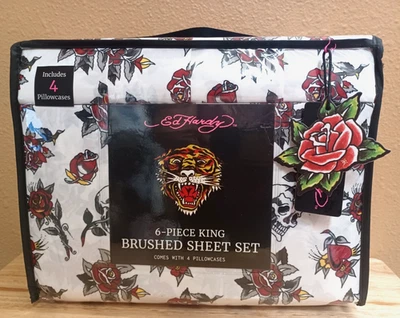 Juego de sábanas Ed Hardy negras/blancas con estampado de calaveras/rosas rojas con 4 fundas de almohada Foto 1 de 3