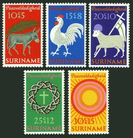 Surinam B172-B176,MNH.Michel 596-600. Easter 1971.Cock,Lamb of God,Cross,Crown Cover