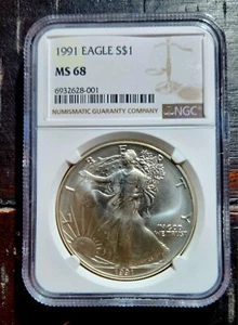 1991 SILVER AMERICAN EAGLE NGC MS 68 CLASSIC BROWN LABEL - Picture 1 of 2
