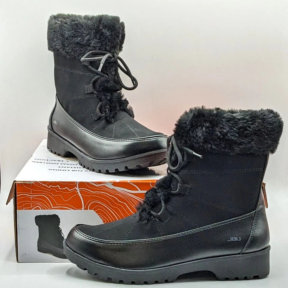 Jbu Womens Colorado Boots Black Memory Foam Foot Bed Faux Fur