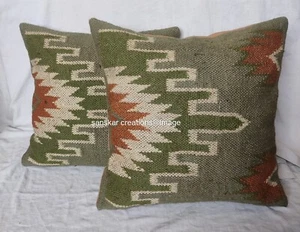 2 Pcs Indian Jute Kilim Cushion Cover Vintage Throw Handwoven Pillowcase 18x18 - Picture 1 of 5