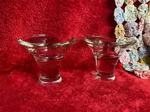 Set of 2 Heavy Round Clear Glass Candle Holders on Solid Pedestal Bases - Picture 1 of 7