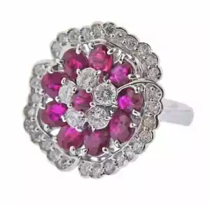 Vivid Pink Oval & Round Cut 4.35CT Ruby With 1.54CT White CZ Flower Cluster Ring - Picture 1 of 5
