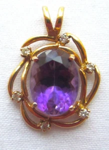 Ladies 14K Yellow Gold 5ct Oval Amethyst and Diamond Halo Swirl Pendant - Picture 1 of 6