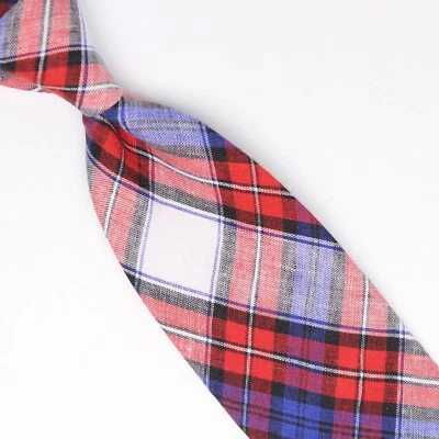 John G Hardy Mens Linen Necktie Red White Blue Tartan Plaid Lightweight Woven - Image 1 of 4