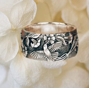 Bird Flower Fantasy Ring Silver Size US 8 New - Picture 1 of 4