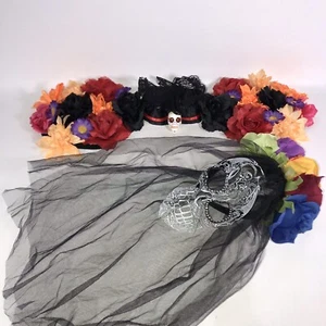 Day Of The Dead Sugar Skull Printed Veil w Lace Collar Flower Epaulettes childs - Picture 1 of 6