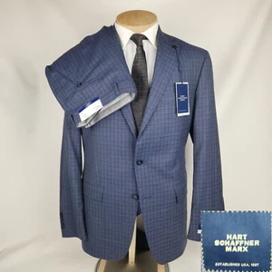 Hart Schaffner Marx Suit Mens 40L 34W Chicago Fit Wool Blue Plaid 2 Piece $695 - Picture 1 of 10