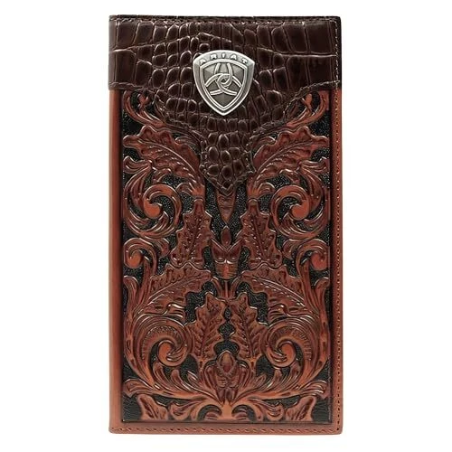 Ariat Western Wallet Mens Rodeo Checkbook Floral Tooled Tan A3516208