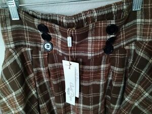 Belle Pogue Brown Plaid M Midi Skirt Side Pockets Elastic Rear Waist 