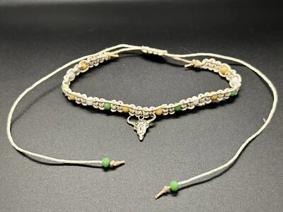 American Bison Skull Pendant Choker Necklace Boho Hemp Handmade - Image 1 of 2