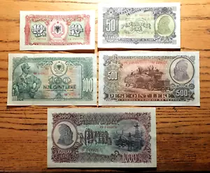 ALBANIA-1957- 5 NOTE UNC. SET -10,50,100,500,1000 LEK-'BSHSH' WATERMARK - HKNS1 - Picture 1 of 3