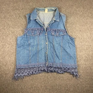 Chaleco Denim XL Azul Encaje Flecos Sin Mangas Jean Chaqueta Años 90 De Colección Hecho en EE. UU. - Imagen 1 de 7