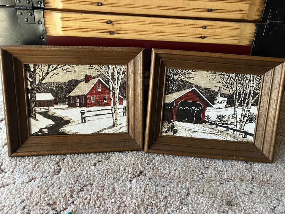 Vintage KAY DEE Hand Prints Pair Linen Art Covered Bridge, And Winter Scene - Image 1 of 4