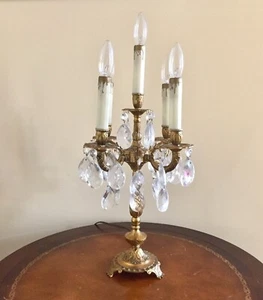 Pair of 23" Tall Brass, Crystal & Glass Electrified Five (5) Light Girandoles - Picture 1 of 7