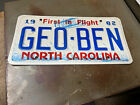 1982 North Carolina License Plate Vanity License Plate GEO BEN NC Tag RARE