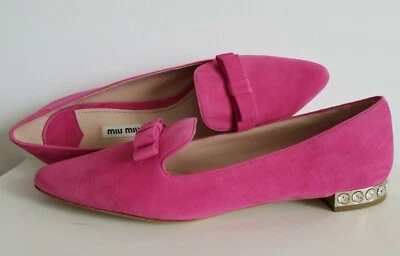 MIU MIU INCREÍBLE ROSA GAMUZA LAZO CRISTAL TACÓN MOCASÍN ZAPATOS PLANOS UE 39.5 40 ME ENCANTAN Foto 1 de 4