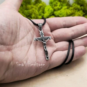 Christian Crucifix Cross Necklace Stainless Steel Pendant Chain Rope Men Women - Picture 1 of 9