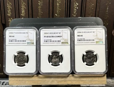 2004-S/D 5c Keelboat PF68 Ultra Cameo /MS66 And 2004P 5c Handshake MS66 - Image 1 of 2