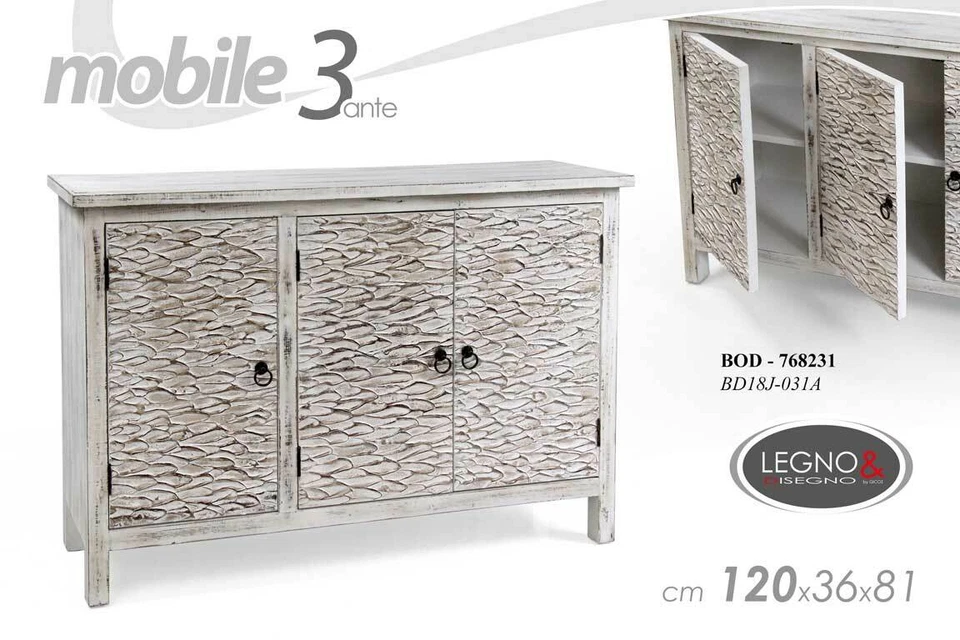 MOBILE COMODINO COMO' 3 ANTE IN LEGNO ANTICATO SHABBY 120*36*81 CM BOD-768231 - Immagine 1 di 1