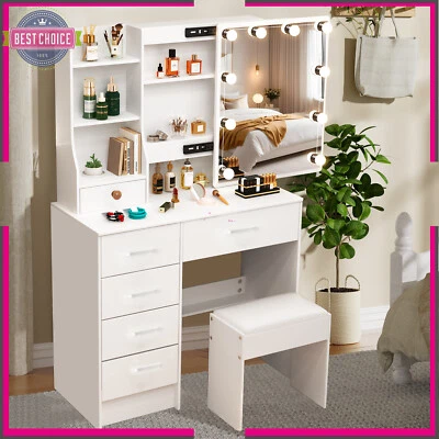 Vanity Set Stool Lighted Mirror 10 LED Bulbs Makeup Dressing Table Dresser Desk  - Image 1 of 4