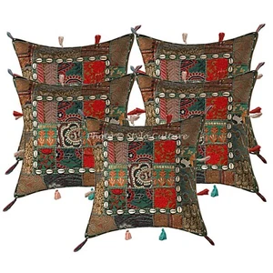 Bohemian Living Room Cushion Covers 43 x 43 cm Embroidered Patchwork Set Of 5 - Picture 1 of 4