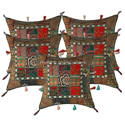 Bohemian Living Room Cushion Covers 43 x 43 cm Embroidered Patchwork Set Of 5 - Image 1 of 4