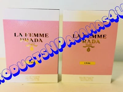 LOTE de 2 ~ Prada PRADA LA FEMME L'EAU Eau de Toilette .05oz/1.5ml MUESTRAS EN TARJETA Foto 1 de 2