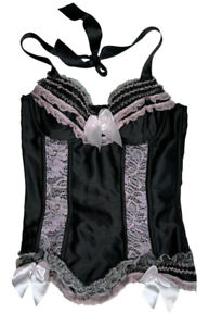 DREAMGIRL BUSTIER CORSET PINK BLACK SATIN BOWS HALTER RUFFLE BACK LACE UP 32