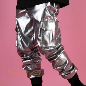 Hombres Baile Streetwear Brillante Plateado Imitación Cuero Hip Hop Pantalón Suelto Carga Pantalones - Imagen 1 de 6