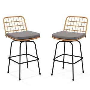 Patio 360° Swivel Bar Stools Set of 2 w/Backrests & Footrests Soft Seat Cushions - Picture 1 of 9