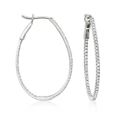 Diamond Inside-Outside Oval Hoop Earrings in 14k White Gold 1 1/2 inches - Image 1 of 3