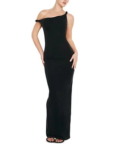 Good American Sandwashed Jersey Maxi Dress Women's L Black Off Shoulder Neckline - Picture 1 of 16