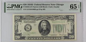 1934D $20 Federal Reserve Note Dollar Bill - Fr#2058-GN Narrow - PMG Graded 65 - Picture 1 of 2