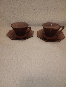 Hazel Atlas Moroccan Amethyst 2 Cup & Saucer Sets Octagon Purple Glass MCM - Picture 1 of 6