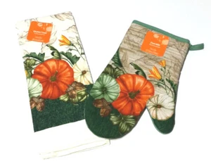 Fall Kitchen Towel Oven Mitt Set Autumn Painted Pumpkin Acorn - Picture 1 of 9