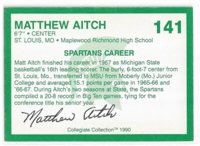 MATTHEW AITCH Autographed Signed 1990 Basketball card Michigan State Spartans - Image 1 of 2