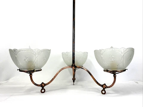 Antique Victorian Japanned Converted Gas Chandelier Gasolier Arts Crafts, Copper Cover