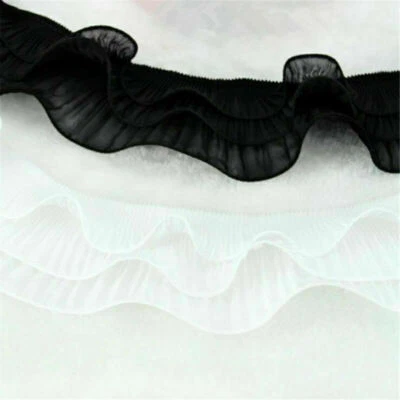 Cinta de volantes plisada elástica con borde de encaje recogido de 3 capas vintage de 1 yarda Foto 1 de 3