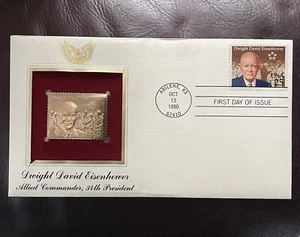 Dwight David EISENHOWER Gold 22K, 34th PRESIDENT Stamp, First Day of Issue 1990 - Picture 1 of 3