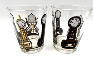 Vintage MCM Retro Barware Lowball Rocks Glasses Black Gold Clocks - Set of 2 - Picture 1 of 9