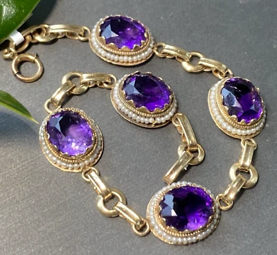 Vintage Amethyst Seed Pearl Bracelet Estate Fine Jewelry Pre-Owned 14K Yel Gold - Image 1 of 4