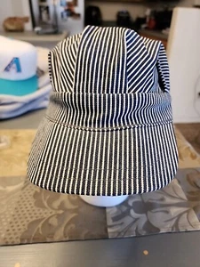 Vintage Stripe USA Denim Work 100% Cotton  Engineers Railroad Conductor Hat 1/8 - Picture 1 of 4