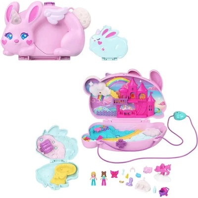 Polly Pocket 2-in-1-Bunny Fun Schatulle, tragbares Taschen-Spielset mit 2 Puppen