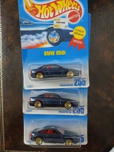 Lot 3 Hot Wheels - 1991 Gold Metal Speed -BMW 850i - #255 - Dark Blue Metal - Picture 1 of 3
