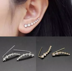 Stars 7 Crystals Ear Climber Cuff Gold Leaf Silver Tone Earrings Women *UK* - Picture 1 of 8