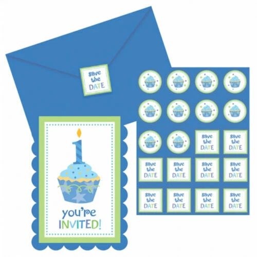 NEW - (20) Sweet Blue Boy 1st Birthday Cupcake Party Invitations Envelopes Seals - Image 1 of 1